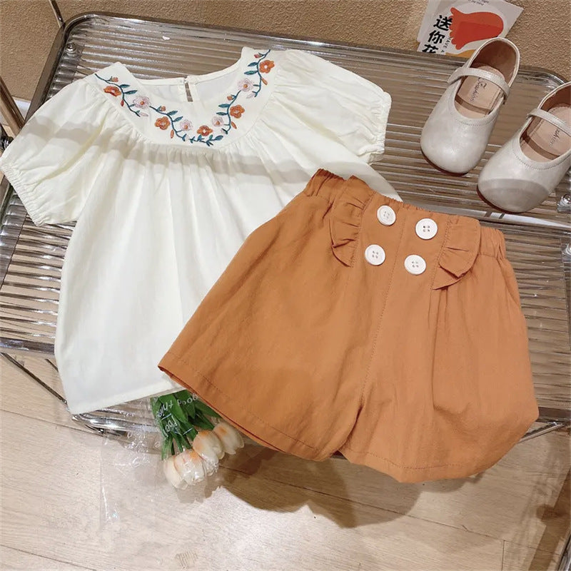 BABYHOKI STORE Usia 7 8 9 10 Tahun Baju Anak Tanggung Cewek [363642] - Setelan Blouse Celana Pendek Chino Anak Perempuan - Motif Collar Flower