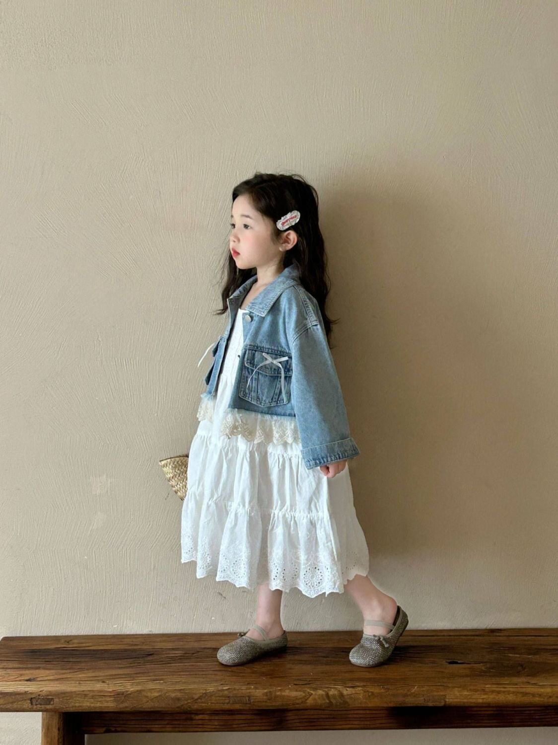 [363959] - One Set 2in1 Baju Setelan Dress Gaun Lengan Kutung Atasan Jaket Denim Lengan Panjang Korean Version Style Anak Cewek Perempuan - Motif Cute Ribbon Lace - BABYHOKI STORE