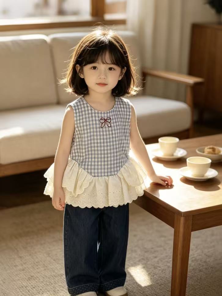 [363979] - One Set 2in1 Baju Setelan Atasan Blouse Lengan Kutung Bawahan Panjang Kulot Korean Style Fashion Style Anak Cewek Perempuan - Motif Plaid Lace - BABYHOKI STORE