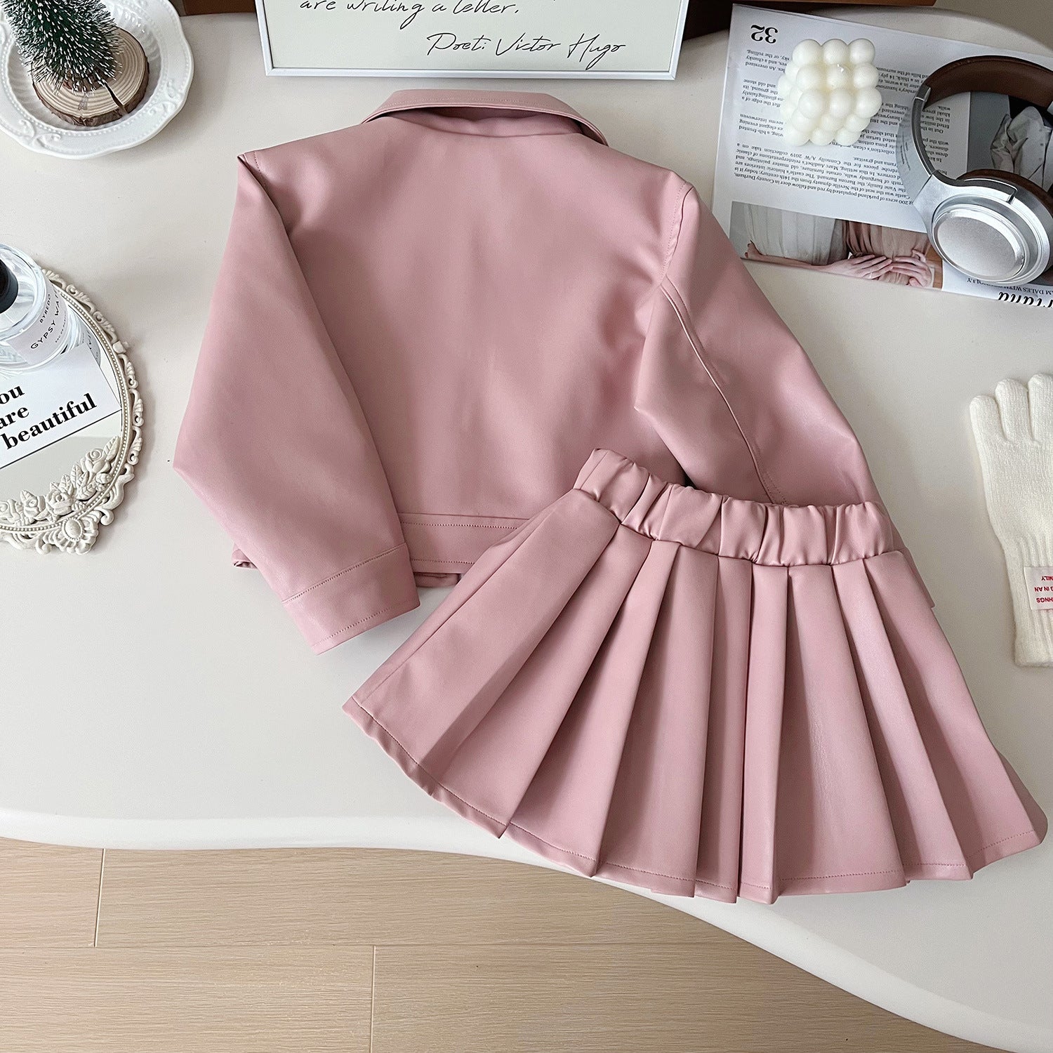 [963155] - One Set 2in1 Baju Setelan Jaket Leather Lengan Panjang Bawahan Rok Pendek Plisket Korean Version Style Anak Perempuan Cewek - Motif Basic Solid Color - BABYHOKI STORE - BABYHOKI STORE