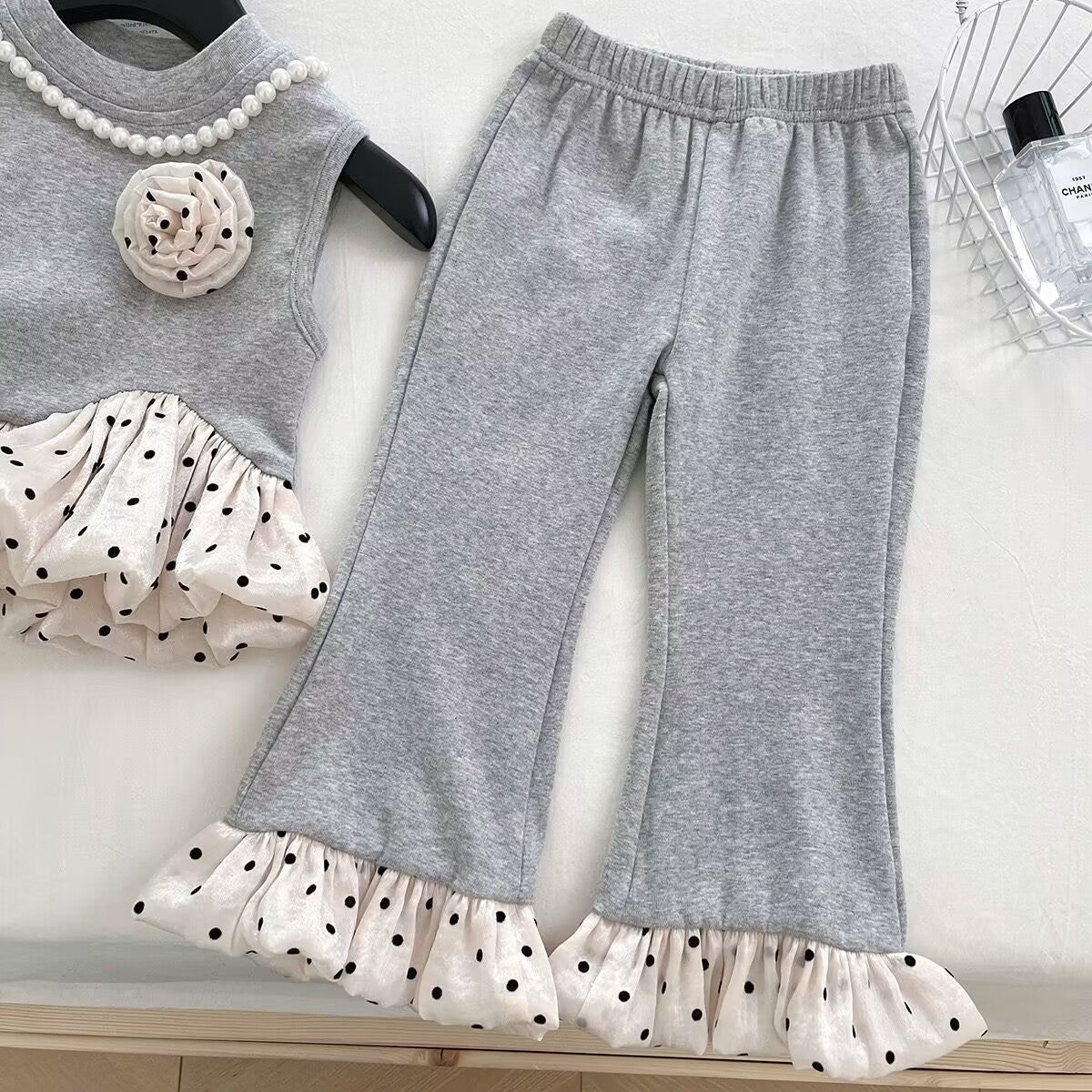 [363863] - Setelan Baju Atasan Lengan Kutung Bawahan Celana Panjang Fashion Anak Perempuan Cewek - Motif Ruffle Polkadot - BABYHOKI STORE