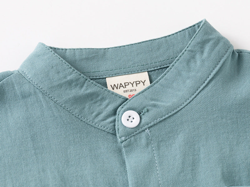 [383209] - Atasan Baju Kemeja Lengan Panjang Anak Laki-Laki Cowok - Motif Plain Shanghai Collar - BABYHOKI STORE