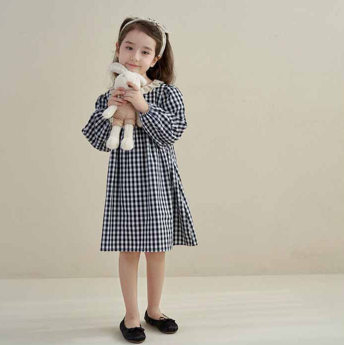 [5071052] - Baju Dress Lengan Panjang Fashion Anak Perempuan - Motif Gingham Plaid