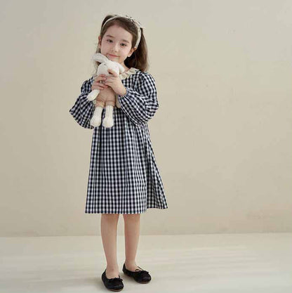 [5071052] - Baju Dress Lengan Panjang Fashion Anak Perempuan - Motif Gingham Plaid