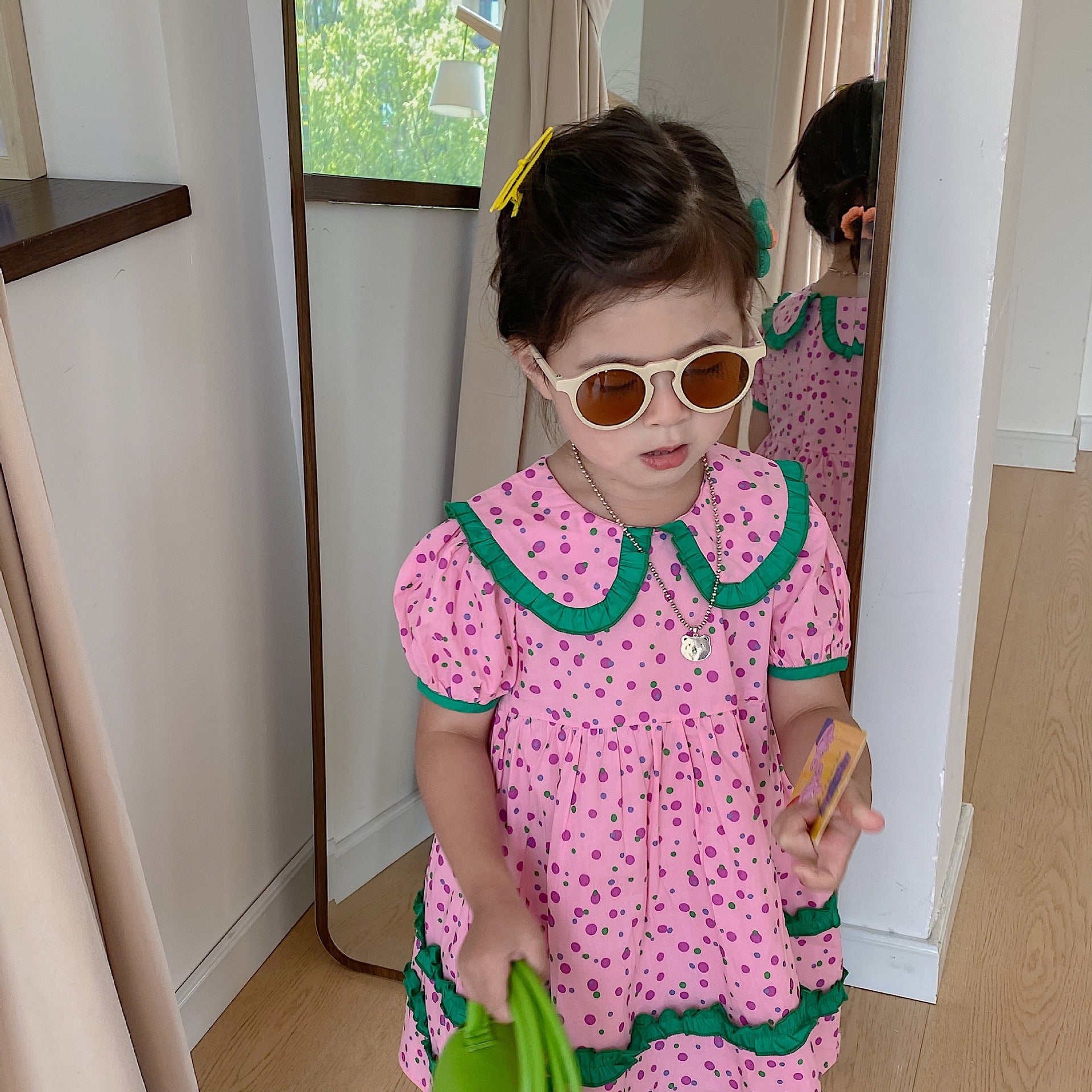 [507S1132] - Baju Dress Lengan Pendek Fashion Anak Perempuan - Motif Polka Frill