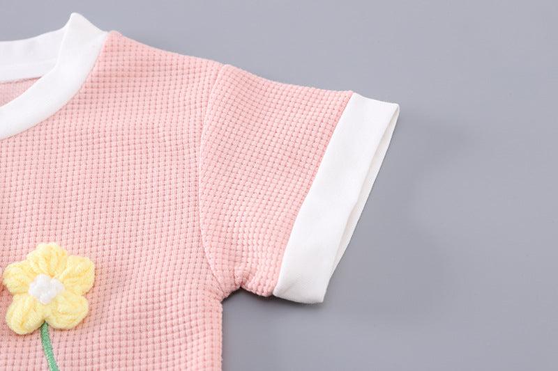 [368585] - One Set 2in1 Baju Setelan Atasan Kaos Lengan Pendek Bawahan Celana Pendek Comfortable Summer Fashion Anak Perempuan Cewek - Motif Cute 3d Flower - BABYHOKI STORE