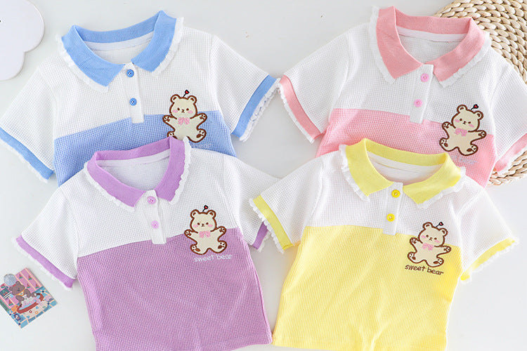 [340368] - Baju Setelan Bordir Kaos Kerah Polo Fashion Anak Perempuan - Motif Bear Gradation