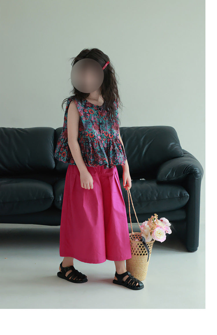 [5071112] - One Set 2in1 Baju Setelan Atasan Purple Lengan Kutung Bawahan Celana Panjang Kulot Fashion Trendi Anak Perempuan Cewek - Motif Floral Top - BABYHOKI STORE