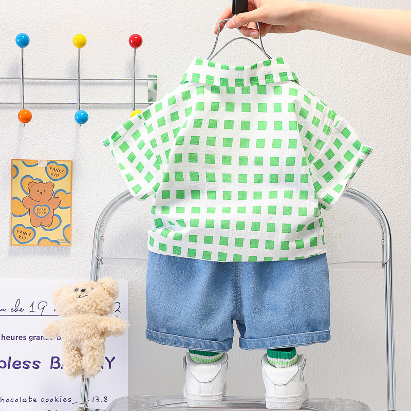 [345426] - Setelan Baju Kemeja Lengan Pendek Celana Pendek Jeans Anak Cowok - Motif Little Truck