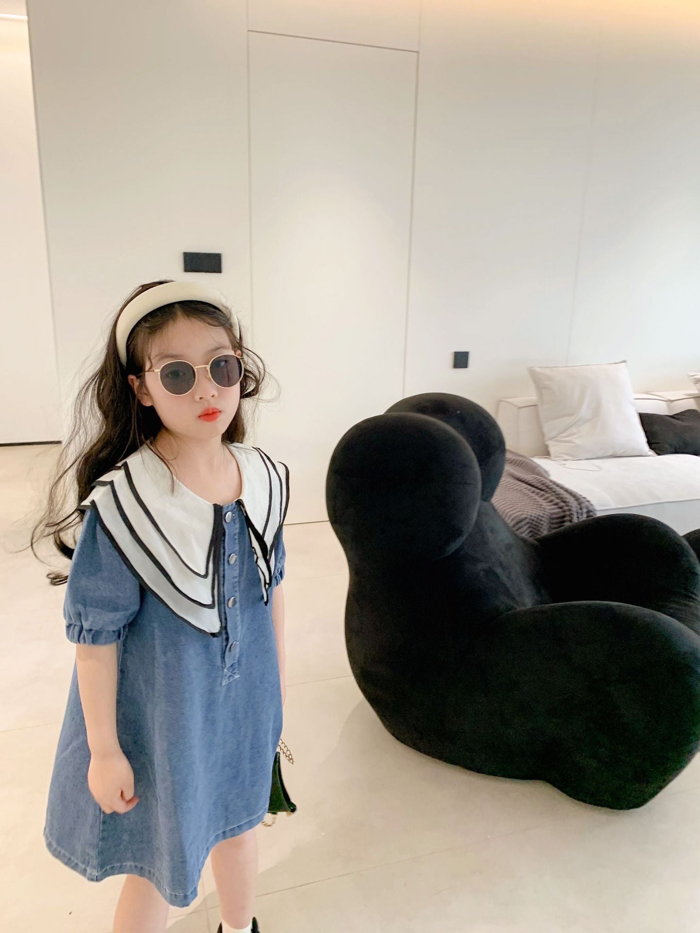 [507S1104] - Baju Dress Denim Lengan Pendek Anak Perempuan - Motif Denim Line