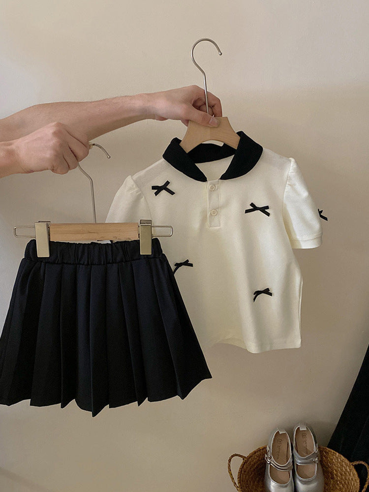 [5071101] - One Set 2in1 Baju Setelan Atasan Bow Lengan Pendek Bawahan Celana Rok Pendek Hitam Plisket Fashion Korean Style Anak Perempuan Cewek - Motif Cute Top Bow - BABYHOKI STORE