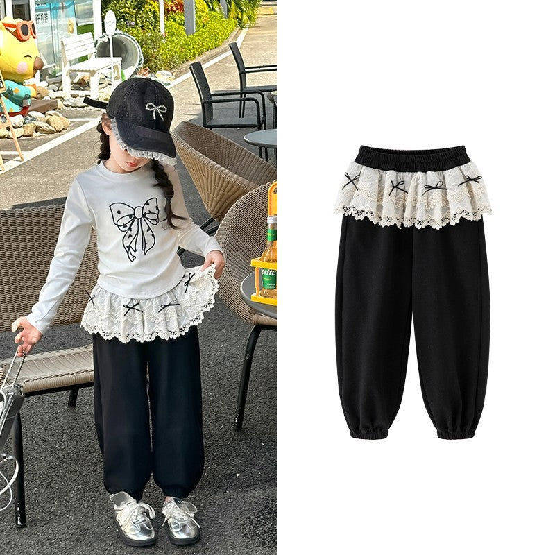 [363936] - One Set 2in1 Baju Setelan Atasan Kaos T-shirt Lengan Panjang Bawahan Celana Panjang Renda Fashion Korean Comfortable Anak Cewek Perempuan - Motif Bow Knot Top - BABYHOKI STORE