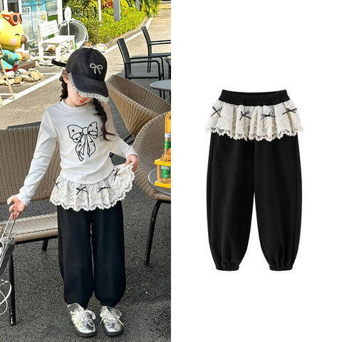 [363936] - One Set 2in1 Baju Setelan Atasan Kaos T-shirt Lengan Panjang Bawahan Celana Panjang Renda Fashion Korean Comfortable Anak Cewek Perempuan - Motif Bow Knot Top - BABYHOKI STORE