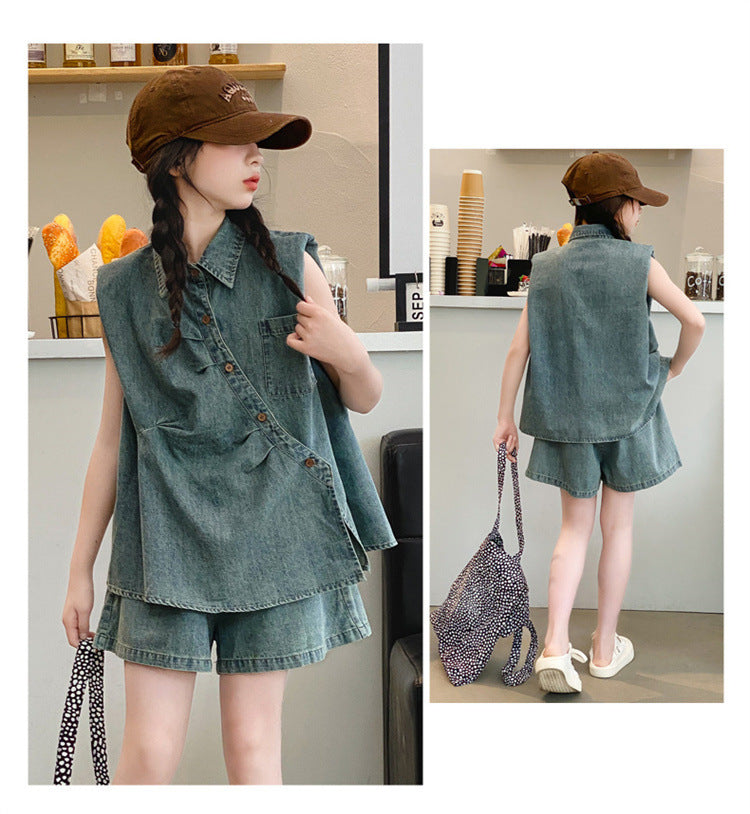 [963131] - One Set 2in1 Baju Setelan Atasan Berkerah Tangan Lengan Kutung Korean Versin Style Anak Perempuan Cewek - Motif Color Denim - BABYHOKI STORE - BABYHOKI STORE