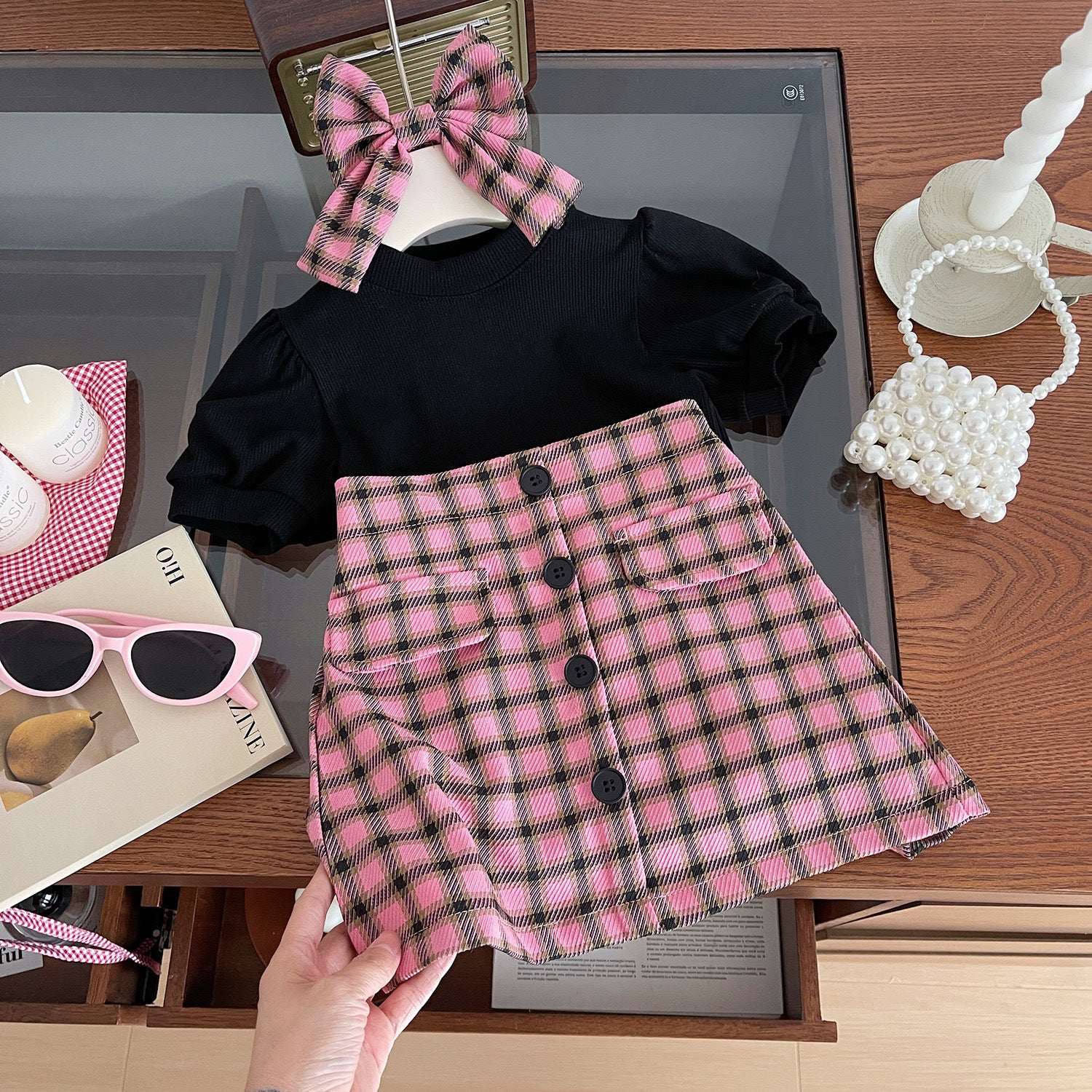 [5071031] - Baju Setelan Lengan Pendek Bawahan Rok Pendek Fashion Anak Perempuan - Motif Plaid Ribbon