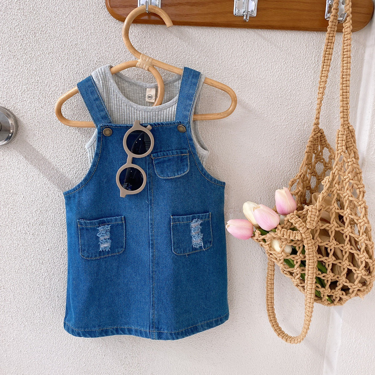 BABYHOKI STORE Usia 7 8 9 10 Tahun Baju Anak Tanggung Cewek [363633] - Setelan Singlet Overall Jeans Sobek Anak Perempuan - Motif Rough Torn