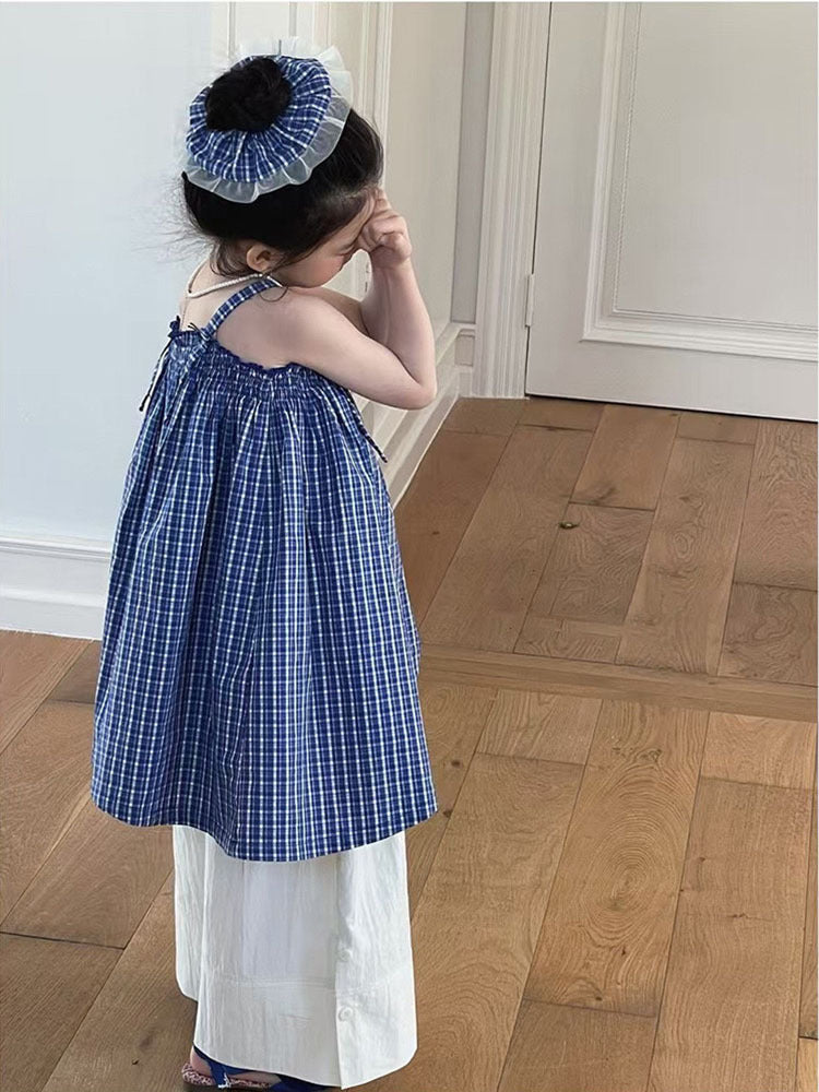 [5071088] - One Set 2in1 Baju Setelan Atasan Lengan Kutung Bawahan Celana Panjang Kulot Putih Fashion Anak Perempuan Cewek - Motif Style Plaid - BABYHOKI STORE