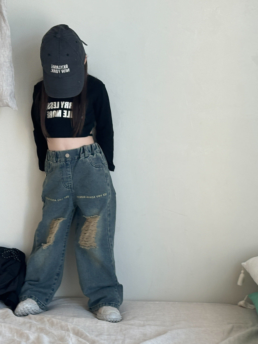 [5071076] - Bawahan Celana Panjang Kulot Jeans Sobek Fashion Anak Perempuan Cewek - Motif Retro Denim - BABYHOKI STORE