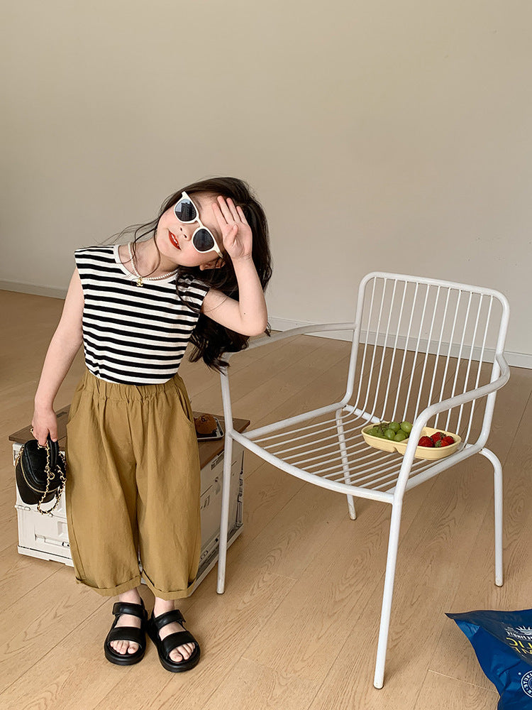 [5071046] - Baju Setelan Tanpa Lengan Celana Chino Panjang Fashion Anak Perempuan - Motif Line Stripe