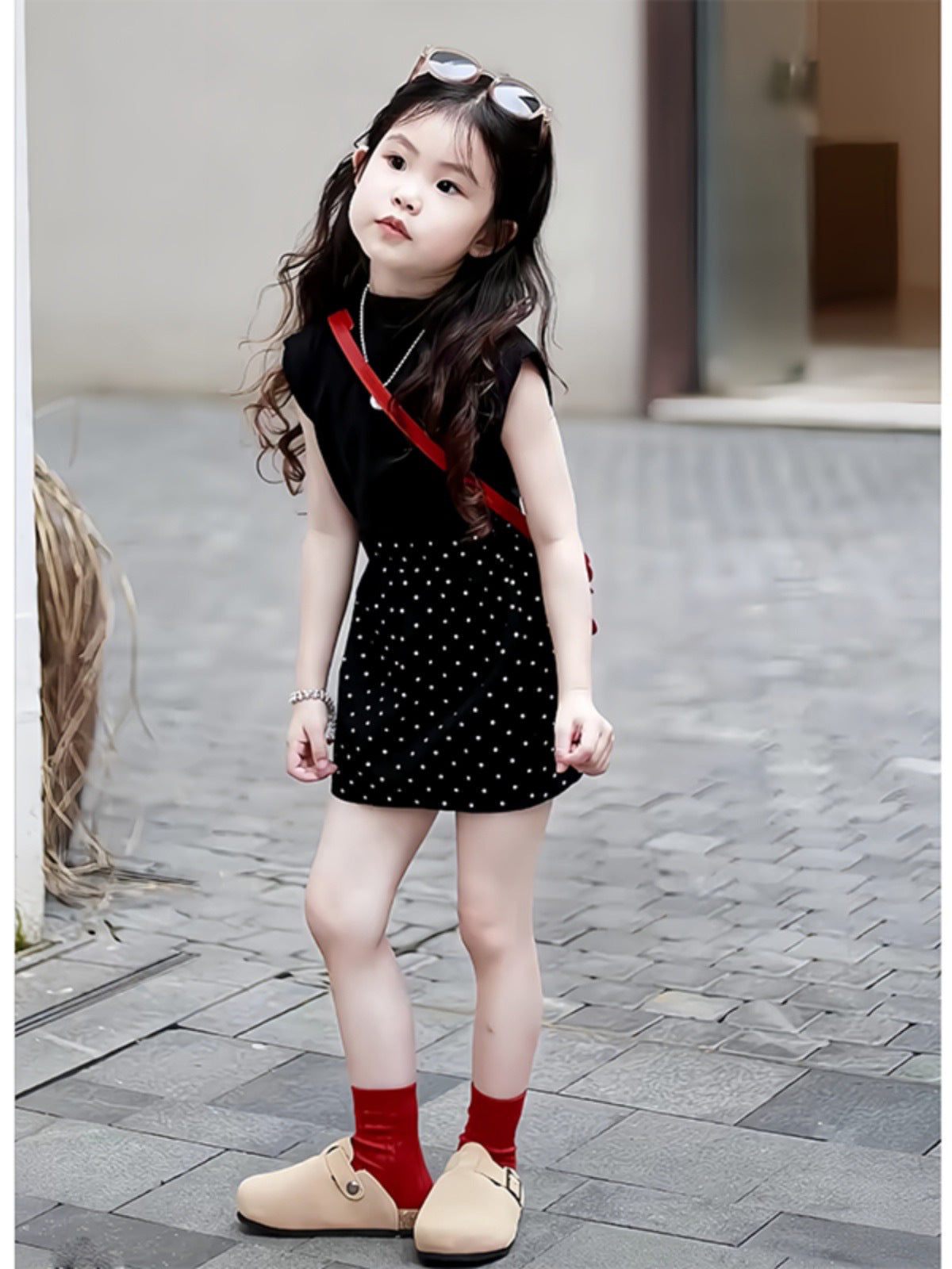 [5071077] - One Set 2in1 Baju Setelan Atasan Hitam Lengan Kutung Bawahan Celana Rok Pendek Fashion Anak Perempuan Cewek - Motif Polka Basic Colour Black - BABYHOKI STORE