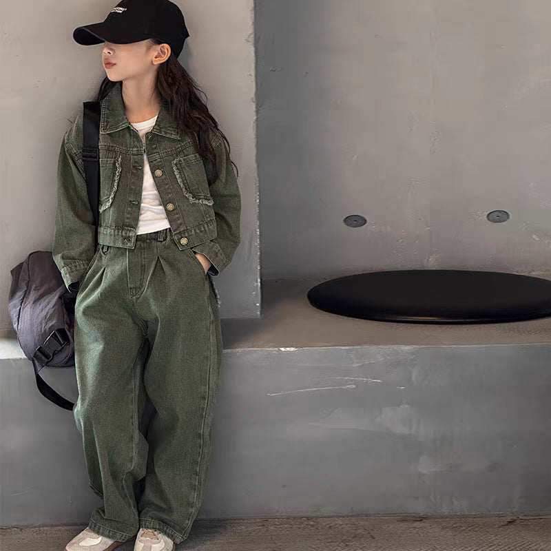 [363743-Long] - Setelan Streetwear Jeans Oneset Baju Atasan Lengan Panjang Jaket Bawahan Celana Kulot Panjang Fashion Anak Perempuan - Motif Casual Plain - BABYHOKI STORE