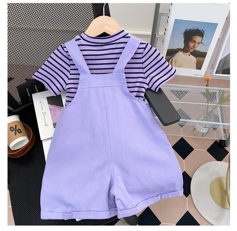 [363677] - Baju Setelan Kaos Overall Chino Fashion Anak Perempuan - Motif Plain Striped