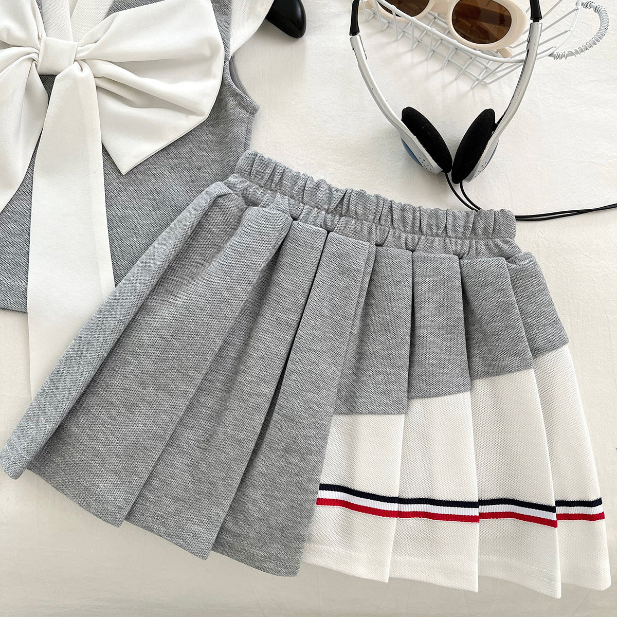 [963122] - One Set 2in1 Baju Setelan Atasan Kaos Kerah Lengan Kutung Bawahan Celana Rok Pendek College Fashion Style Anak Perempuan Cewek - Motif Color Striped - BABYHOKI STORE