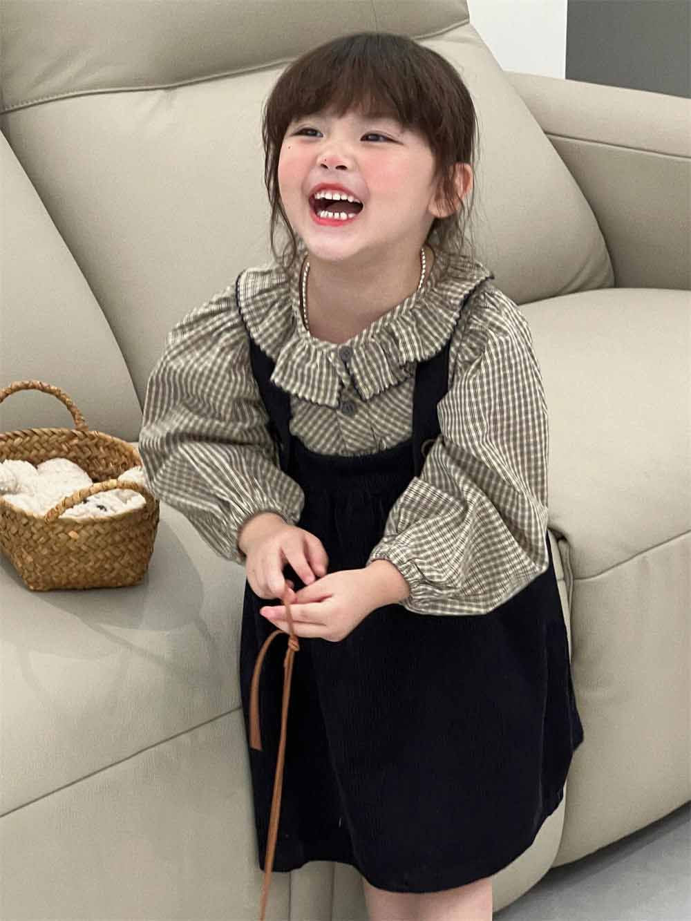 [5071068] - Setelan Baju Lengan Panjang Bawahan Overall Rok Fashion Anak Perempuan - Motif Frill Plaid