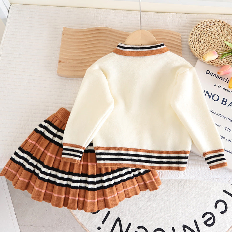 [363700] - Baju Setelan Atasan Sweater Bawahan Rok Fashion Anak Perempuan - Motif Neat Stripe