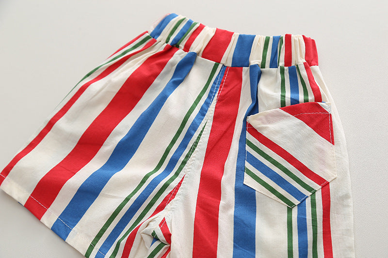 [345420] - Baju Setelan Kemeja Lengan Pendek Celana Pendek Anak Cowok Fashion - Motif Side Stripped
