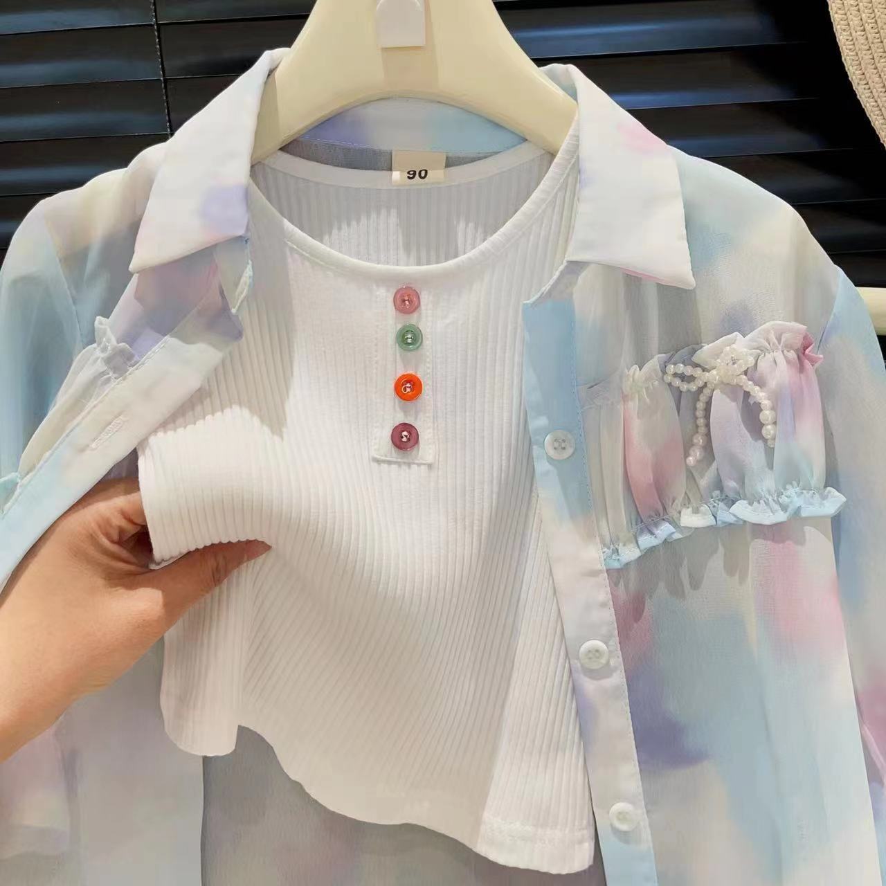 [963146] - One Set 3in1 Baju Setelan Outer Kemeja Lengan Panjang Baawahan Celana Pendek Korean Version Style Anak Perempuan Cewek - Motif Gradient Color-Blocked - BABYHOKI STORE - BABYHOKI STORE