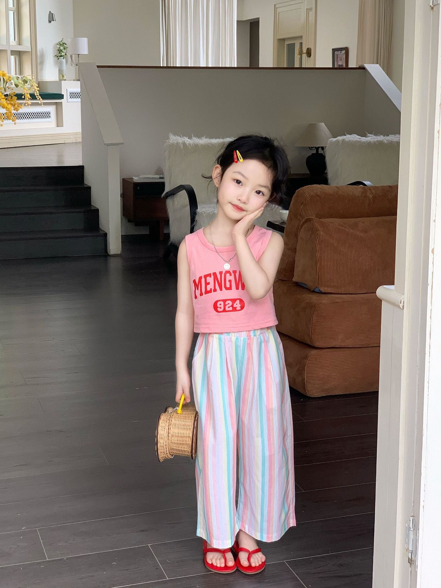 [363780] - Setelan One Set Baju Crop Kutung Celana Panjang Kulot Fashion Anak Perempuan - Motif Colorful Striped