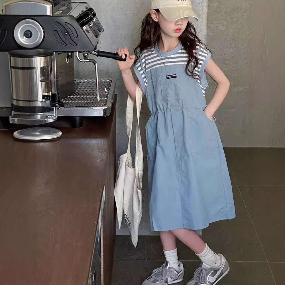 [5071166] - One Set 2in1 Baju Setelan Dress Atasan Lengan Kutung Bawahan Rok Pendek Comfort Fashion Style Anak Perempuan Cewek - Motif Striped Color - BABYHOKI STORE