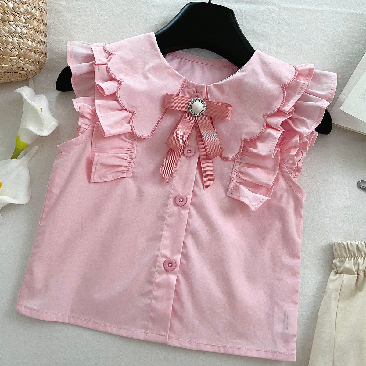 [963206] - One Set 2in1 Baju Setelan Atasan Blouse Lengan Kutung Bawahan Celana Pendek Comfort Version Style Anak Perempuan Cewek - Motif Ruffled Shoulders - BABYHOKI STORE - BABYHOKI STORE