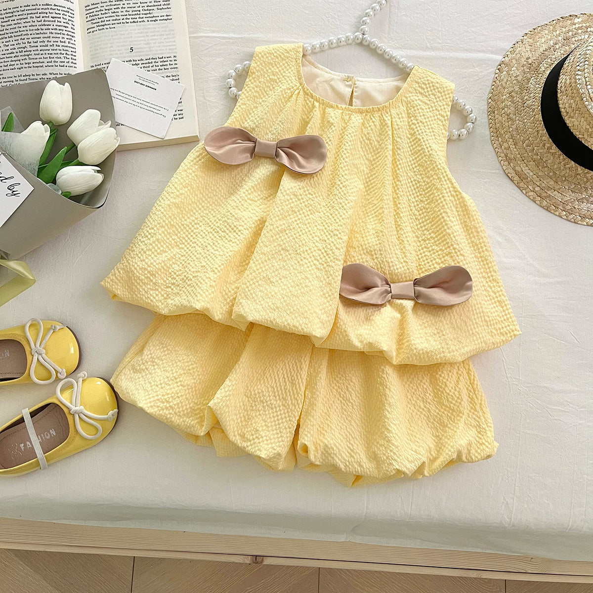 [963252] - One Set 2in1 Baju Setelan Atasan Lengan Kutung Bawahan Celana Pendek Korean Style Anak Perempuan Cewek - Motif Bow Cute - BABYHOKI STORE
