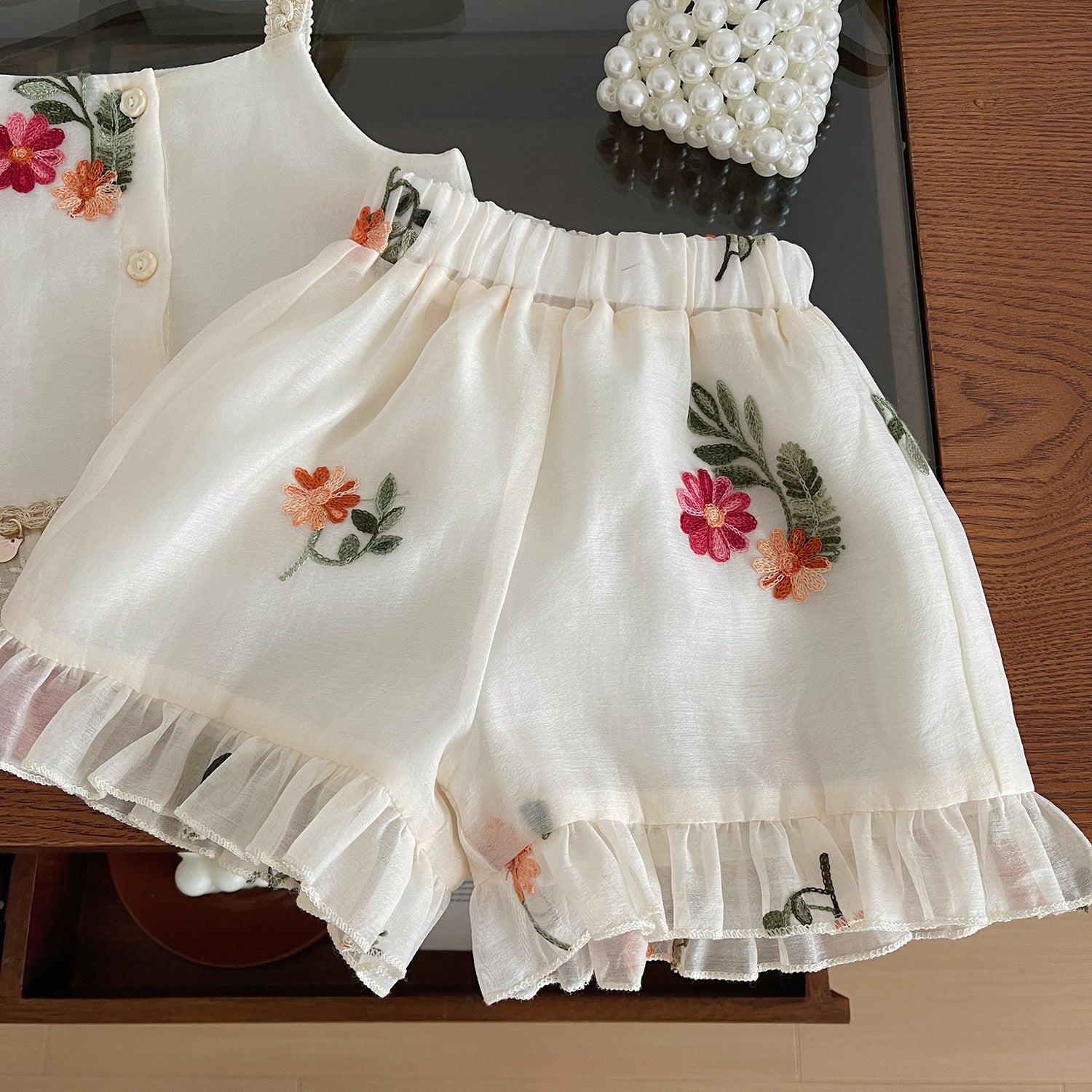 [963274] - One Set 2in1 Baju Setelan Atasan Blouse Lengan Kutung Bawahan Celana Pendek Korean Style Anak Perempuan Cewek - Motif Floral Lace - BABYHOKI STORE