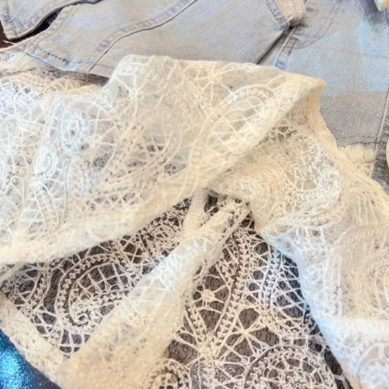 [963104] - One Set 3in1 Baju Setelan Atasan Kaos Lengan Kutung Vest Kutung Denim Bawahan Rok Panjang Fashion Korean Style Anak Perempuan Cewek - Motif Bottom Lace - BABYHOKI STORE