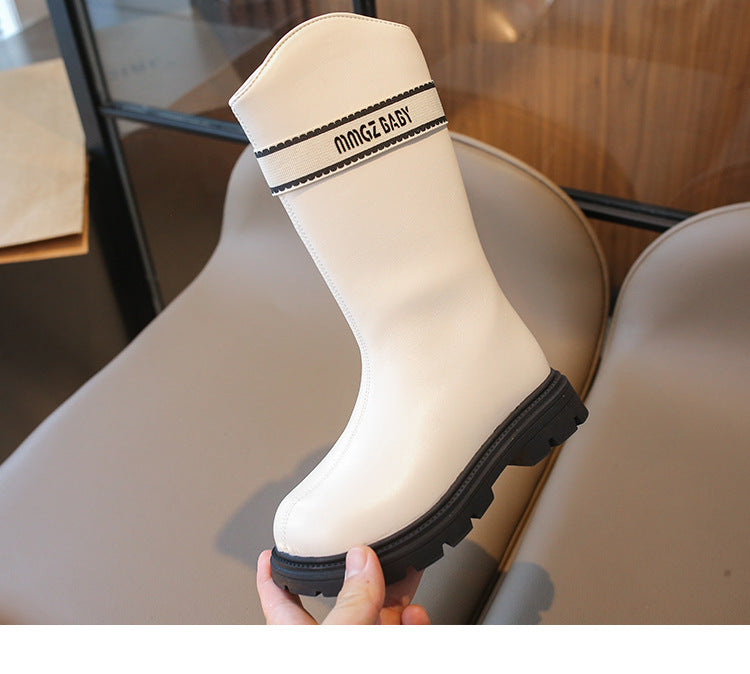 [381281 Size 26-35] - Sepatu High Boots Leathers Princess Shoes Fashion Anak Perempuan Cewek - Motif Writing Stripe - BABYHOKI STORE