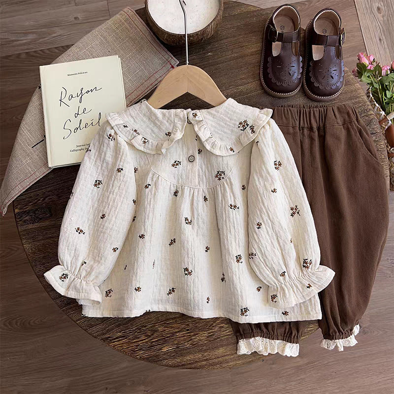 [363917] - One Set 2in1 Baju Setelan Atasan Blouse Renda Lengan Panjang Bawahan Celana Panjang Renda Fashion Anak Cewek Perempuan - Motif Floral Lace - BABYHOKI STORE