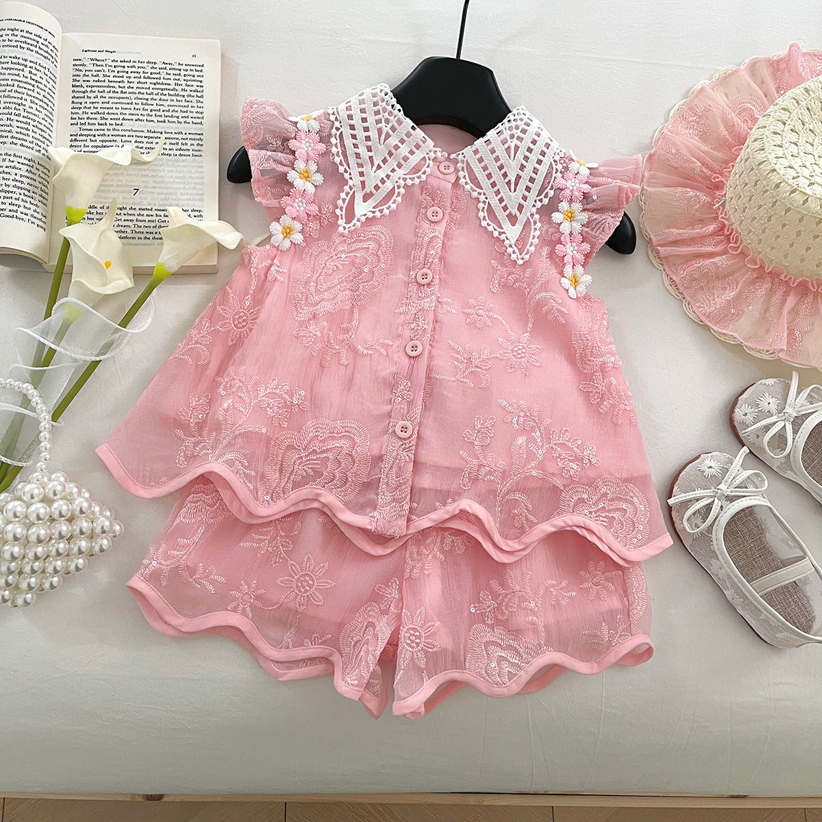 [963191] - One Set 2in1 Baju Setelan Atasan Berkerah Lengan Kutung Bawahan Celana Pendek Korea Fashion Anak Perempuan Cewek - Motif Flowers Small - BABYHOKI STORE - BABYHOKI STORE