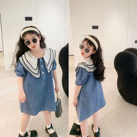 [507S1104] - Baju Dress Denim Lengan Pendek Anak Perempuan - Motif Denim Line