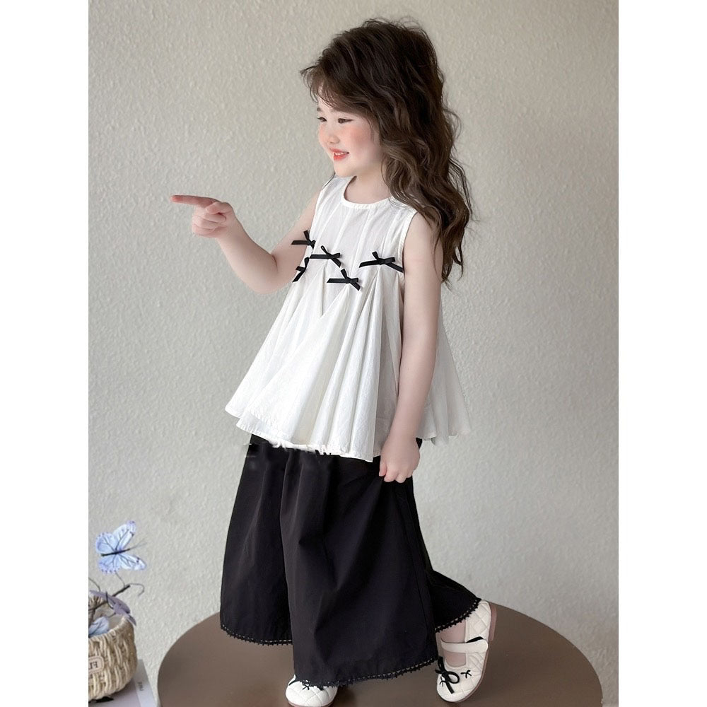 [5071079] - Baju Setelan Atasan Putih Lengan Kutung Bawahan Celana Panjang Hitam Fashion Anak Perempuan Cewek - Motif Black Bow - BABYHOKI STORE