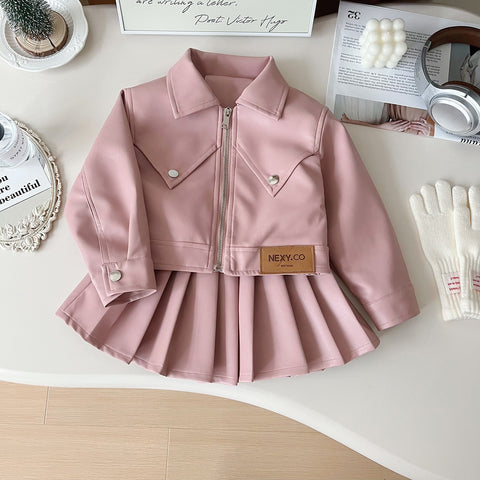 [963155] - One Set 2in1 Baju Setelan Jaket Leather Lengan Panjang Bawahan Rok Pendek Plisket Korean Version Style Anak Perempuan Cewek - Motif Basic Solid Color - BABYHOKI STORE - BABYHOKI STORE