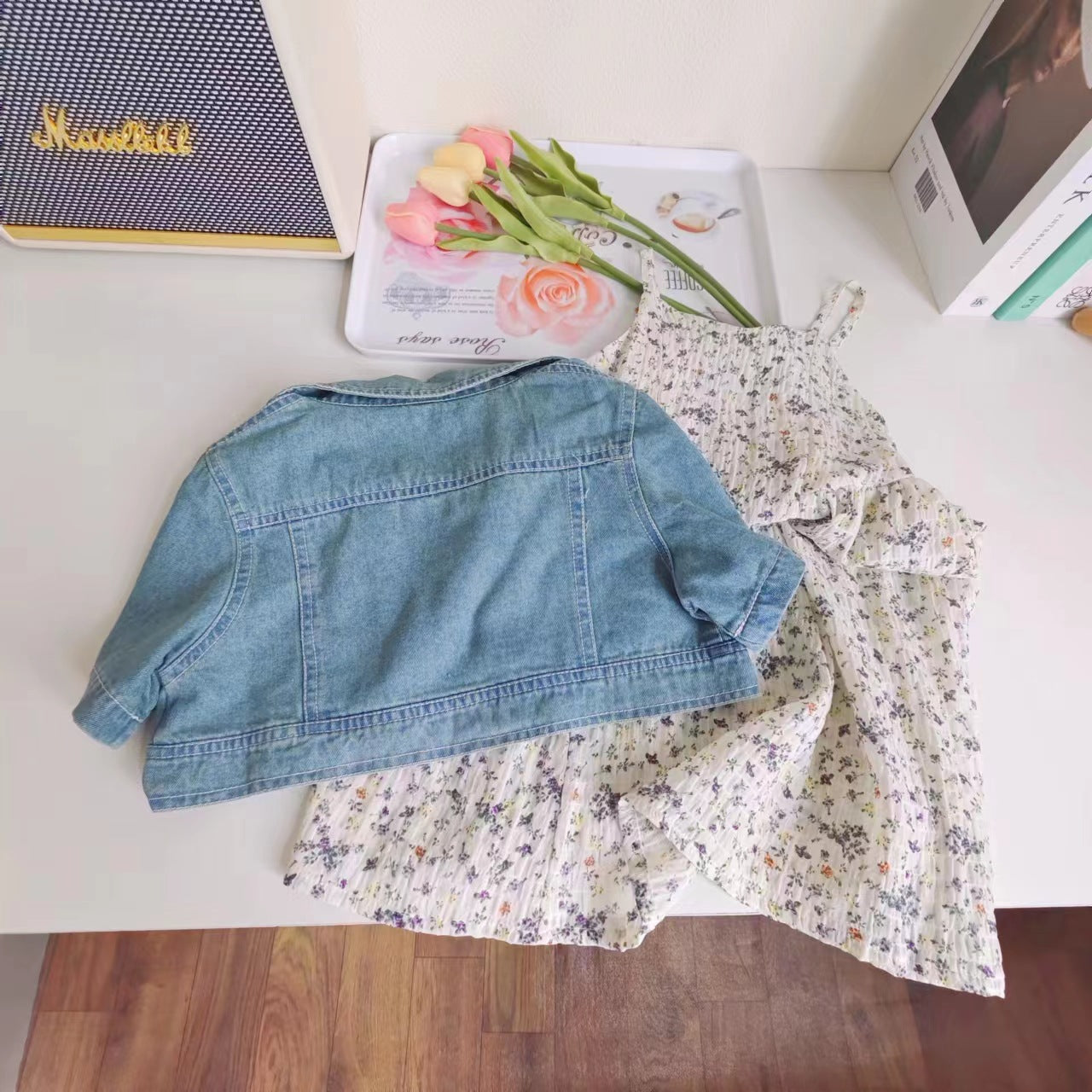 [363680] - Baju Setelan Jaket Jeans Crop Inner Dress Fashion Anak Perempuan - Motif Edge Flower