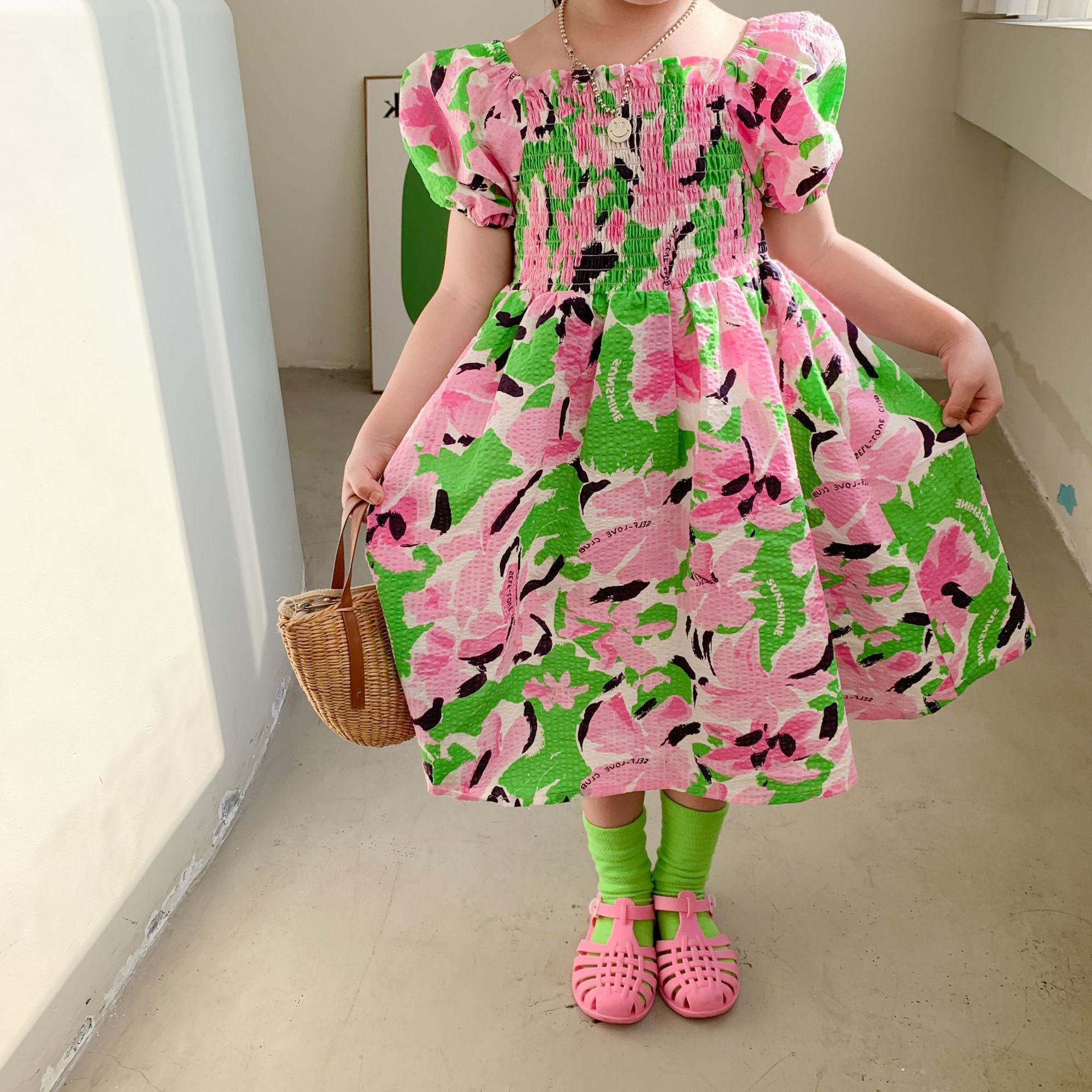 [507S1111] - Baju Dress Lengan Pendek Fashion Anak Perempuan - Motif Flower Bloom
