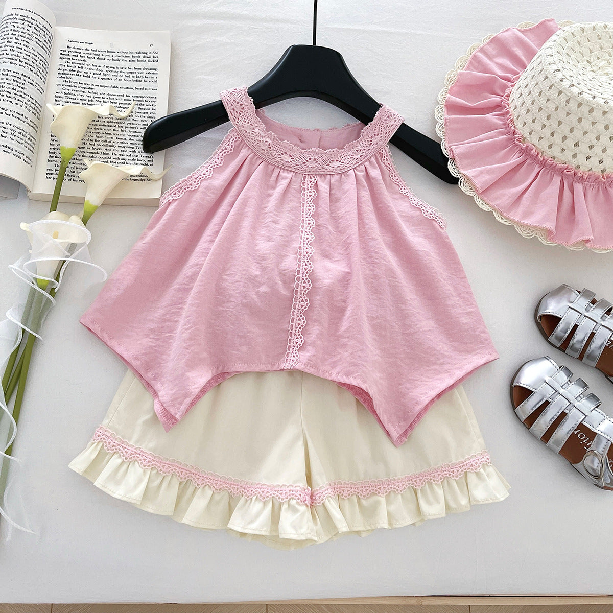 [963106] - One Set 2in1 Baju Setelan Atasan Blouse Lengan Kutung Bawahan Celana Pendek Ruffled Fashion Comfortable Anak Perempuan Cewek - Motif Lace Neck - BABYHOKI STORE