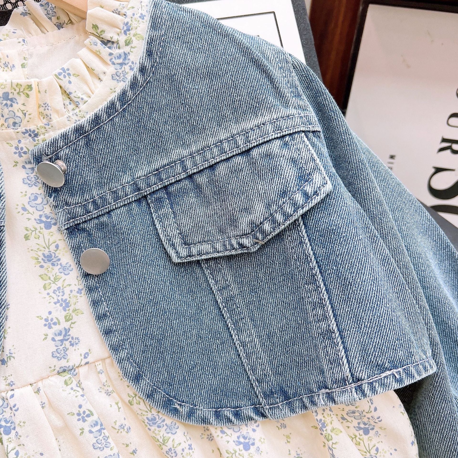 [363826] - Setelan 2 In 1 Baju Dress Jaket Denim Lengan Panjang Fashion Anak Perempuan - Motif Flower Denim