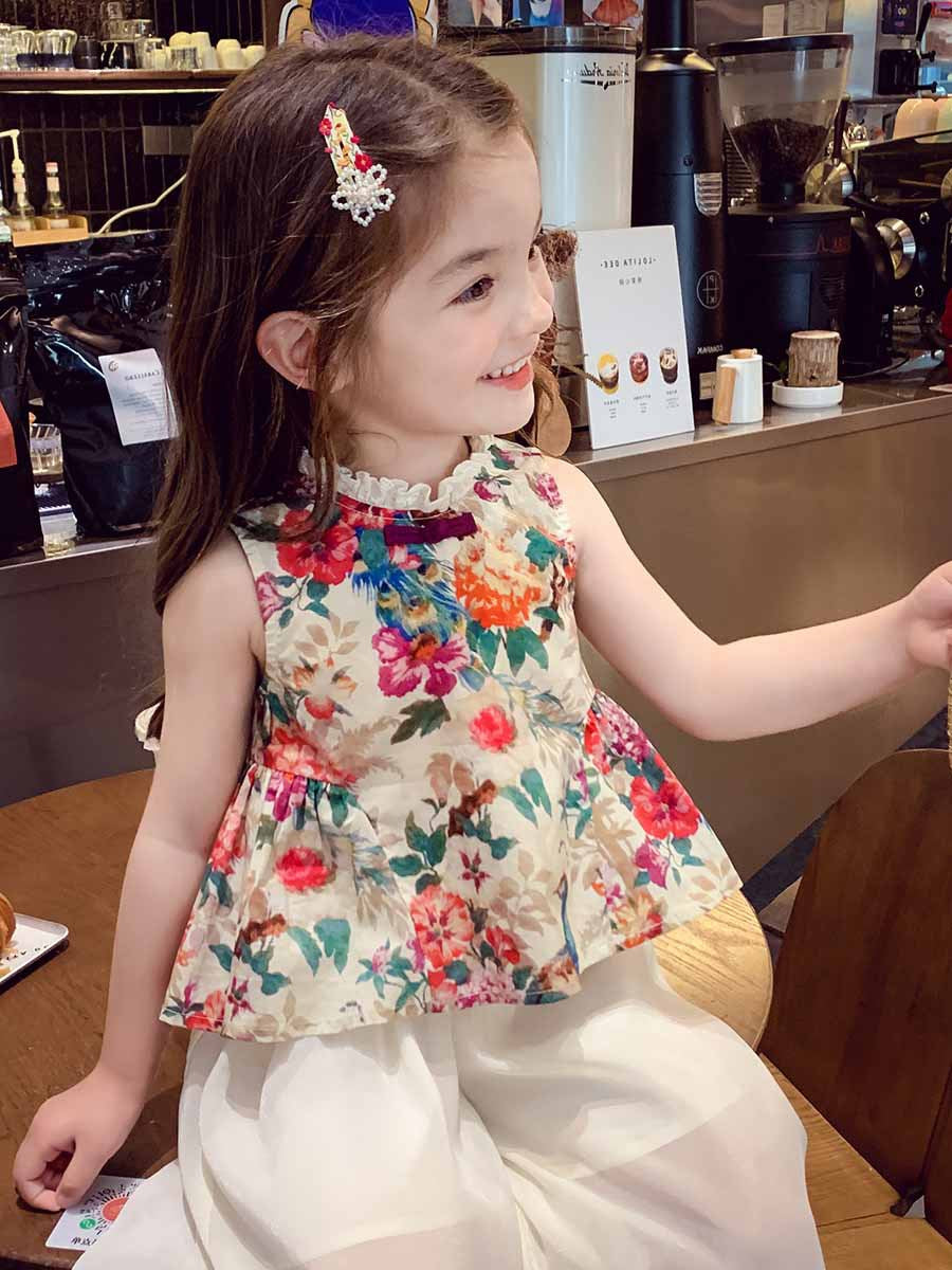 [5071090] - One Set 2in1 Baju Setelan Atasan Shanghai Lengan Kutung Bawahan Celana Panjang Putih Fashion Anak Perempuan Cewek - Motif Etnik Shanghai - BABYHOKI STORE