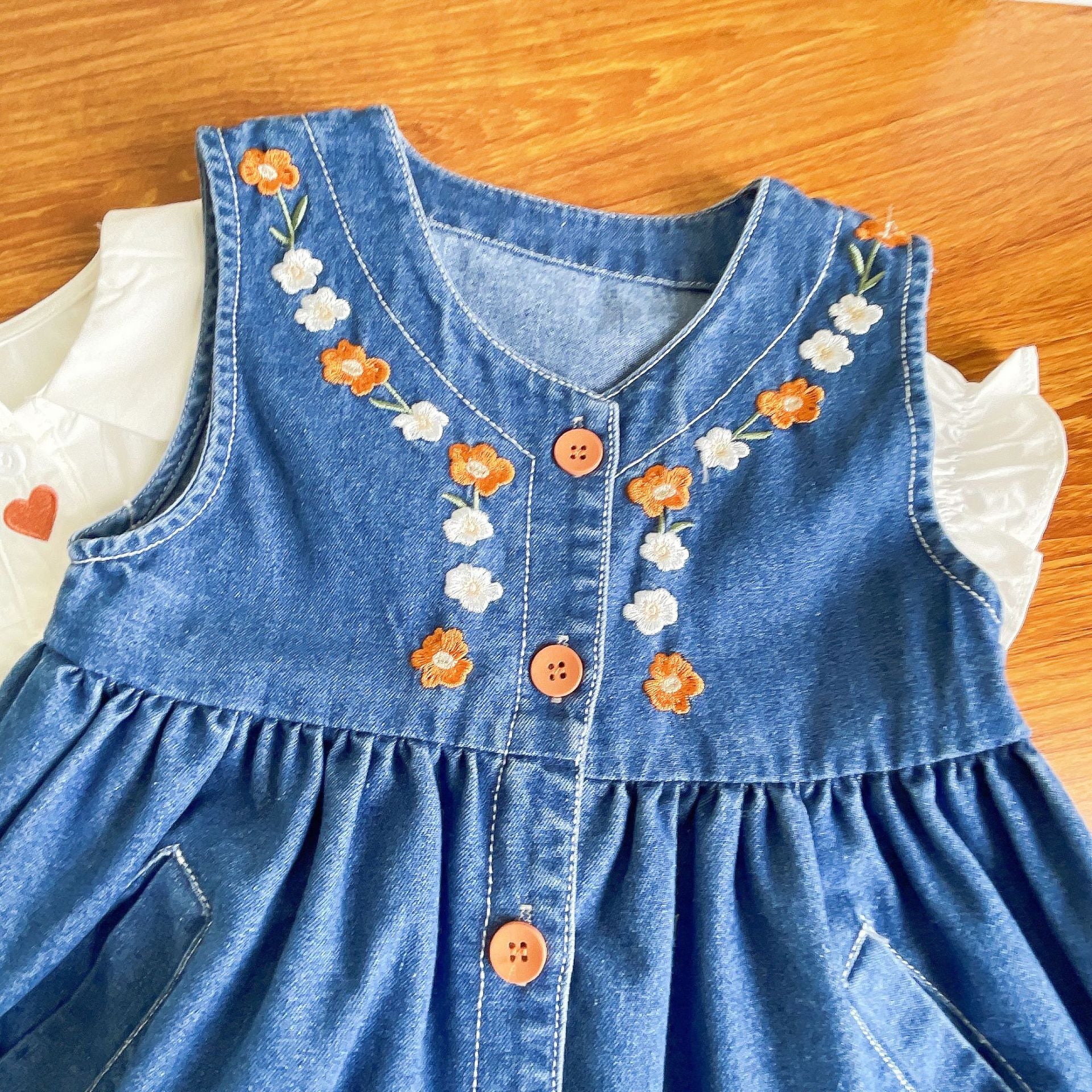 [363594] - Setelan Blouse Dress Denim Bordir Anak Perempuan - Motif Button Flower