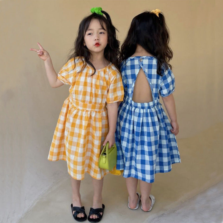 [507S1134] - Baju Dress Lengan Pendek Anak Perempuan - Motif Plaid Plain